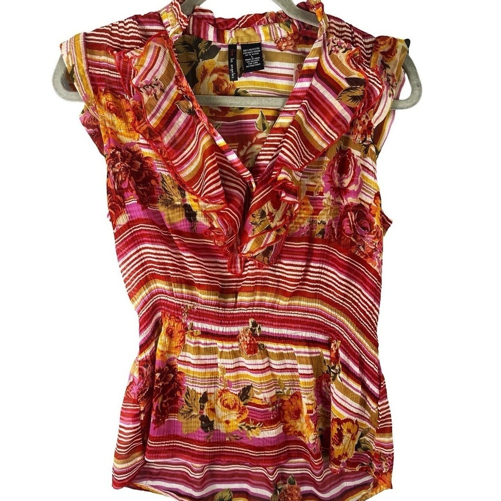 Fire Los Angeles Womens Sleeveless Floral Stripe V Neck Ruffle Blouse Top Size L